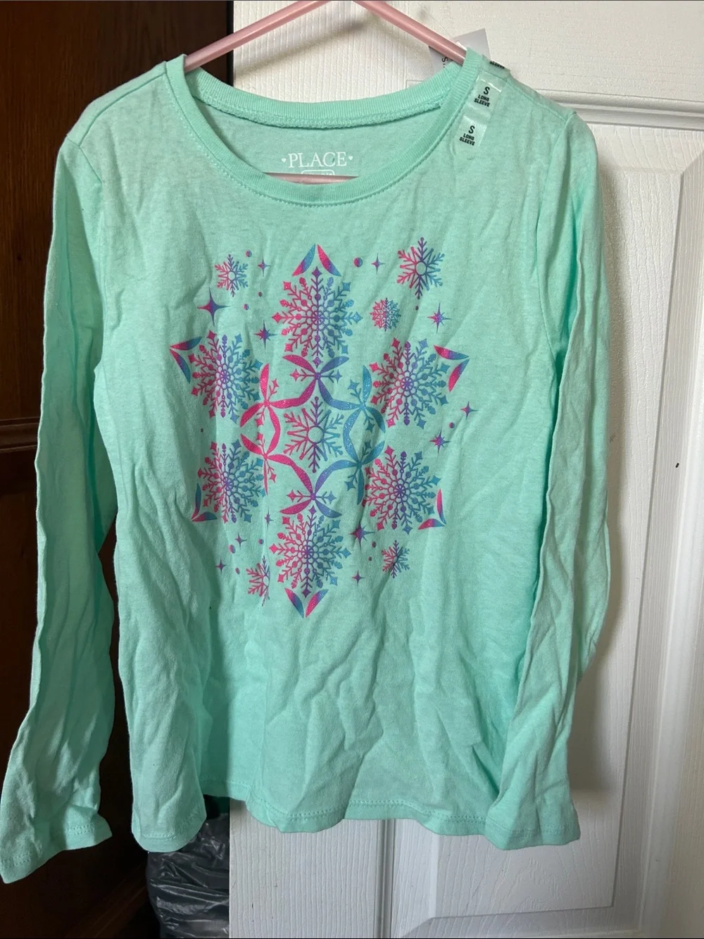 The Children's Place Mint Green Long Sleeve Tee with Pink & Blue Snowflake Motif